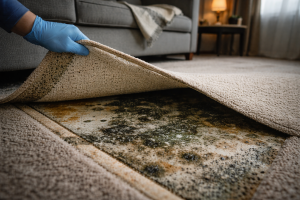 spalare covoare profesionala in locuinte fara lumina naturala, mocheta ridicata cu urme de mucegai sub pardoseala