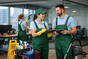 Echipa firma curatenie Bucuresti evaluand spatiu de birouri