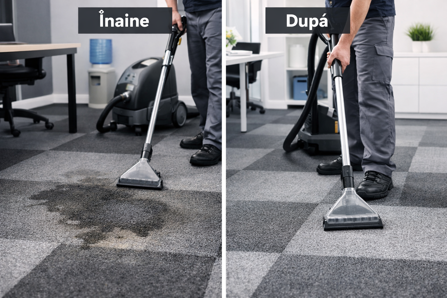 Curatare mocheta birou inainte si dupa interventie profesionala de spalare mocheta