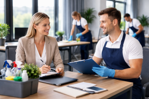 Administrator de clădire discută cu managerul unei firme de curățenie din București despre contract, proceduri și audit.